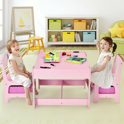 Costway 3 In 1 Wood Activity Table Chair Set W/Storage Box Pink - Image 4