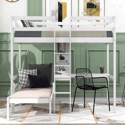 Convertible Loft Bed With L Shaped Desk, Shelf And Ladder, White - ModernLuxe